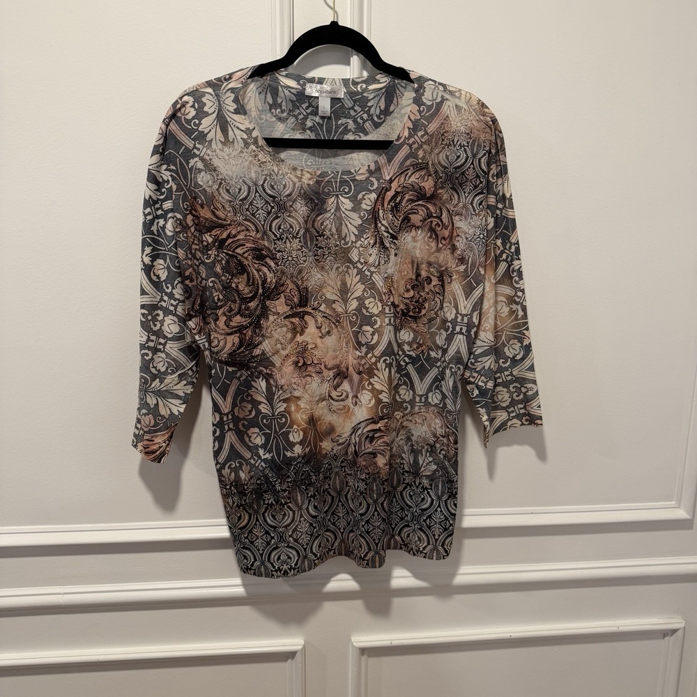 Dressbarn Women's Tunic Top Size L Baroque Print 3/4 Sleeve Multicolor
